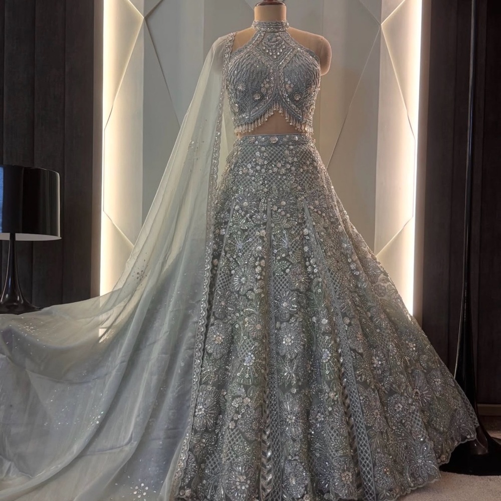 Embellished Silver Halter Lehenga with Draped Dupatta